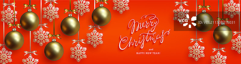 圣诞红色banner金色球体雪花图片素材