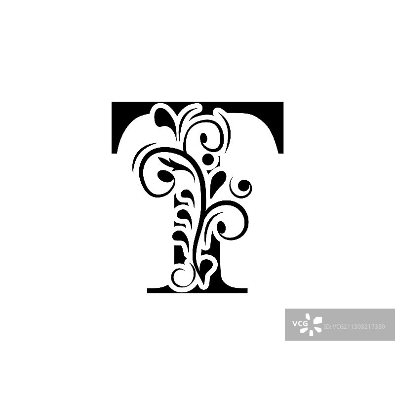 黑色花卉字母T艺术字图片素材