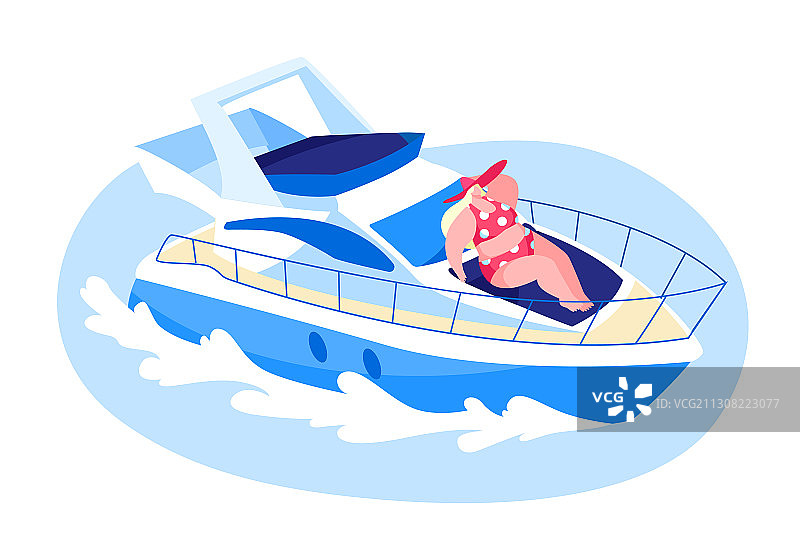 快乐女人躺船甲板上晒太阳图片素材