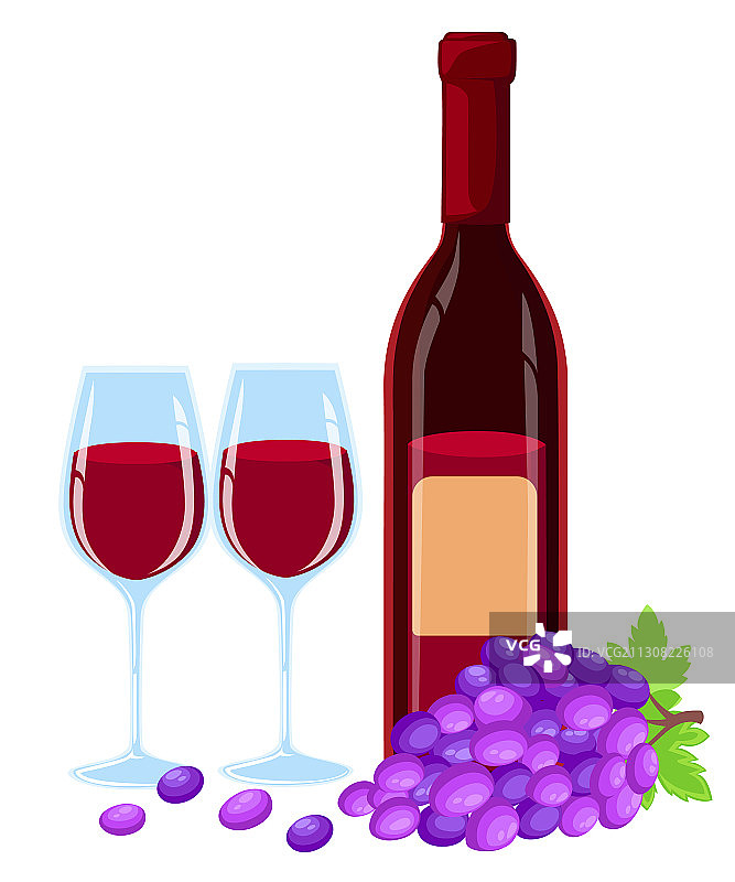 带有叶子、葡萄酒杯和瓶子的葡萄早午餐图片素材