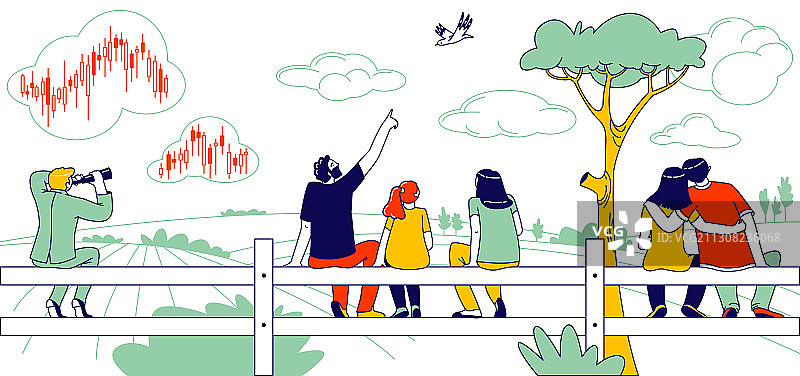 坐在栅栏上的幸福家庭（后视图）图片素材