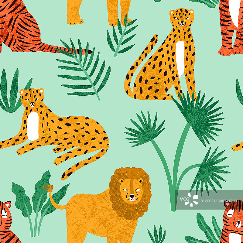 热带植物趣味猫科动物无缝图案图片素材