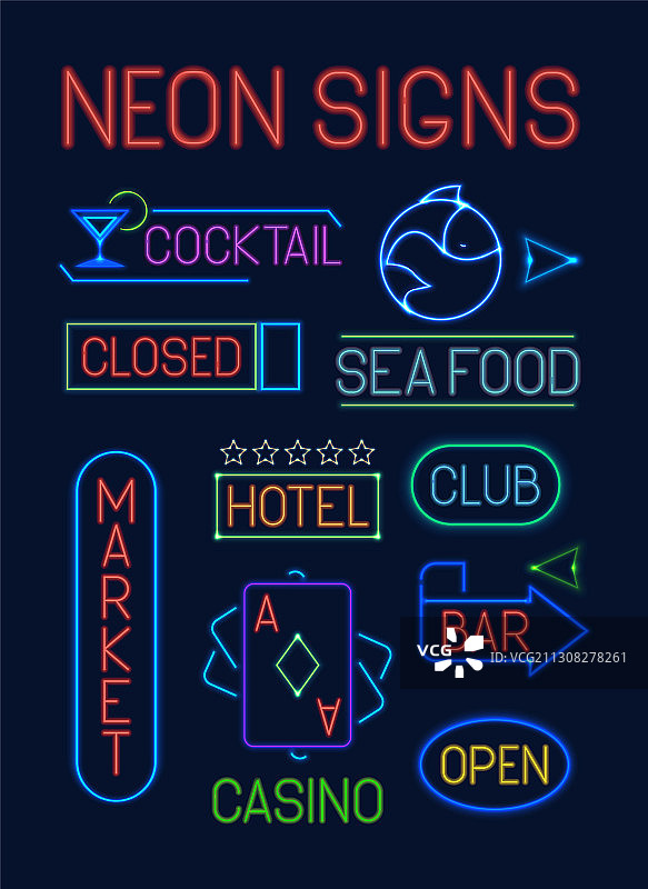 霓虹灯标志套装：彩色电子指针图片素材