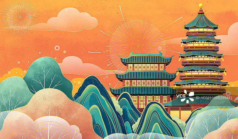 国潮庆典古建筑插画图片素材