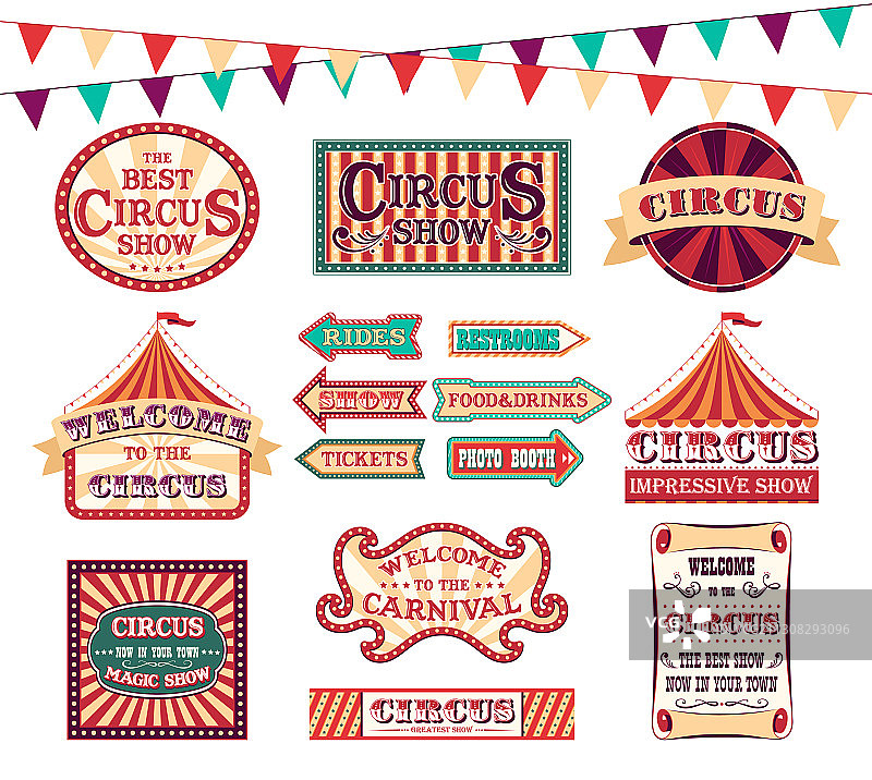 卡通彩色马戏团表演标签合集图片素材