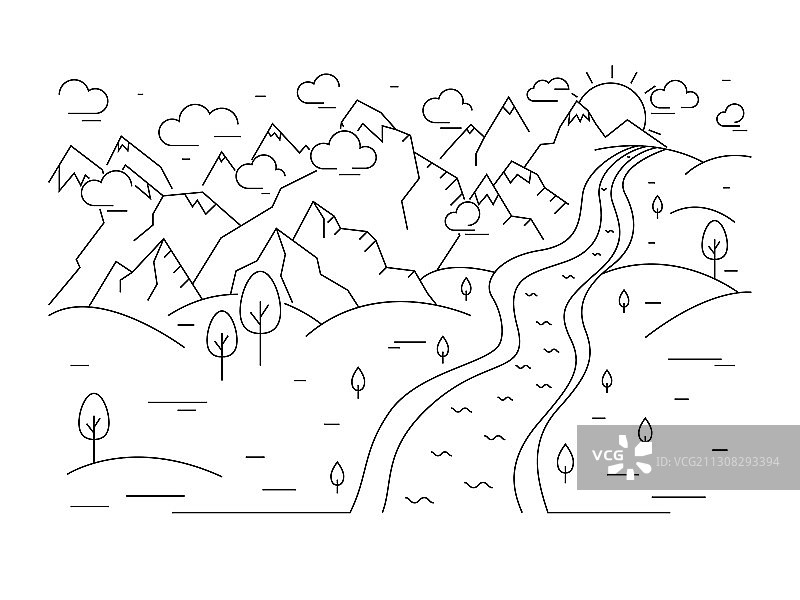 山脉和丘陵概念轮廓线性风格图片素材