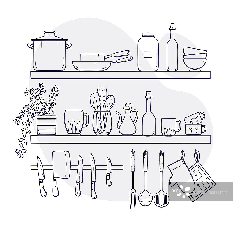 手绘厨房用品货架图片素材