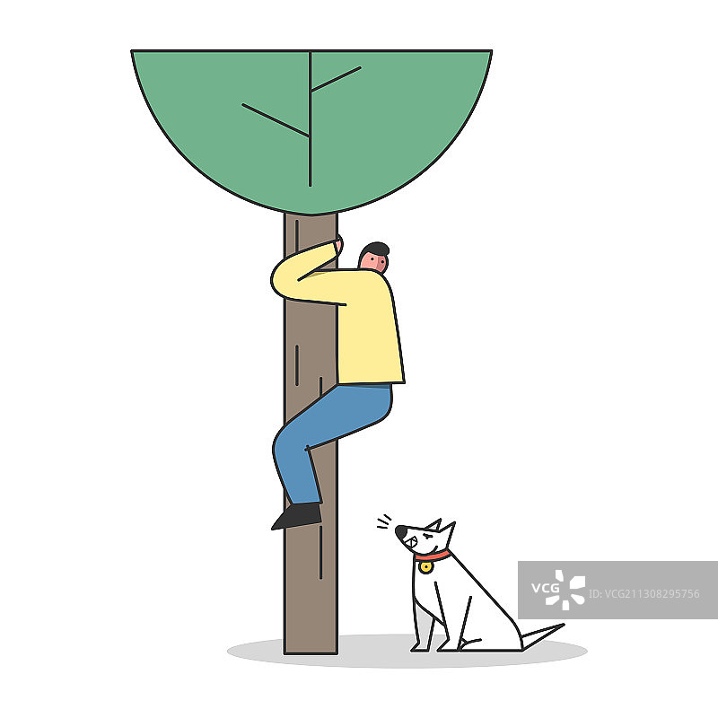 男子为躲避狗的袭击爬上树图片素材