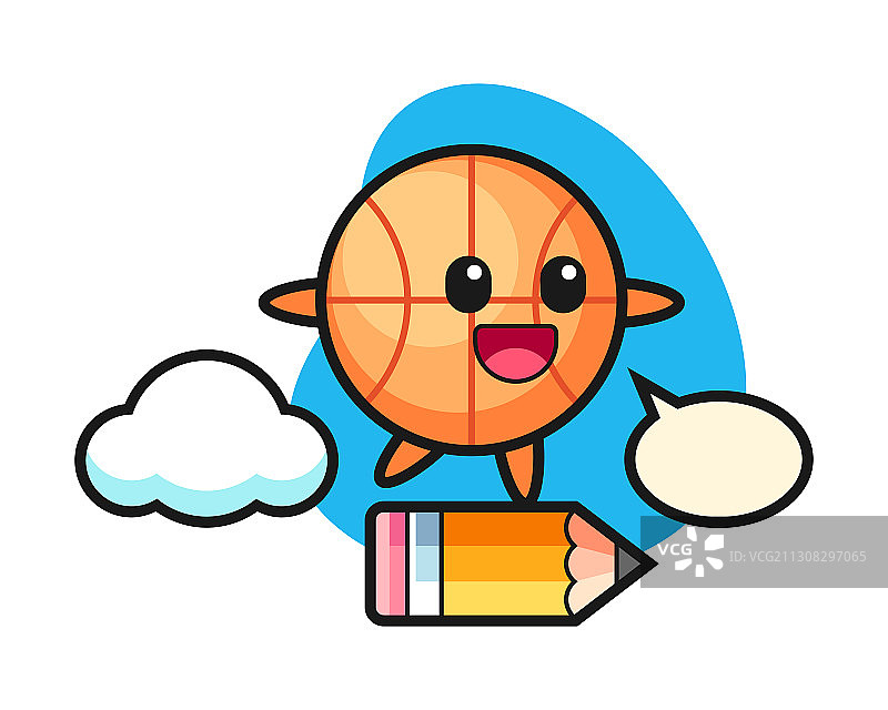 卡通篮球骑在巨型铅笔上图片素材