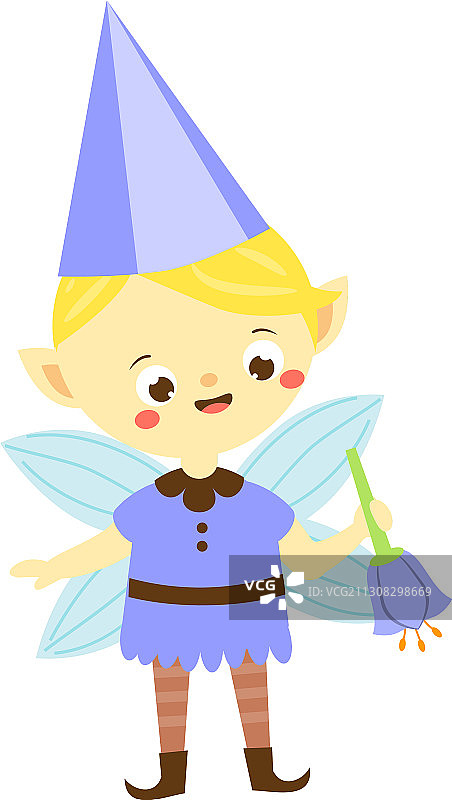 手持蓝色风铃花的花园精灵男孩图片素材