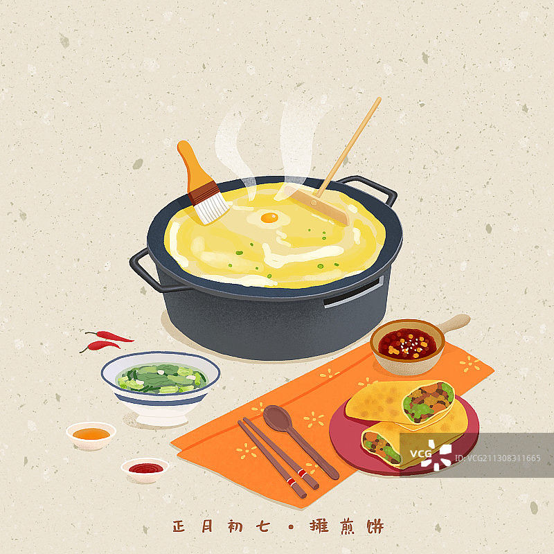 年俗浅色背景方形正月初七-摊煎饼图片素材