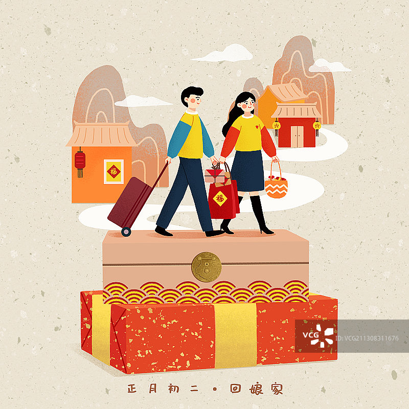 年俗浅色背景方形情侣正月初二-回娘家图片素材