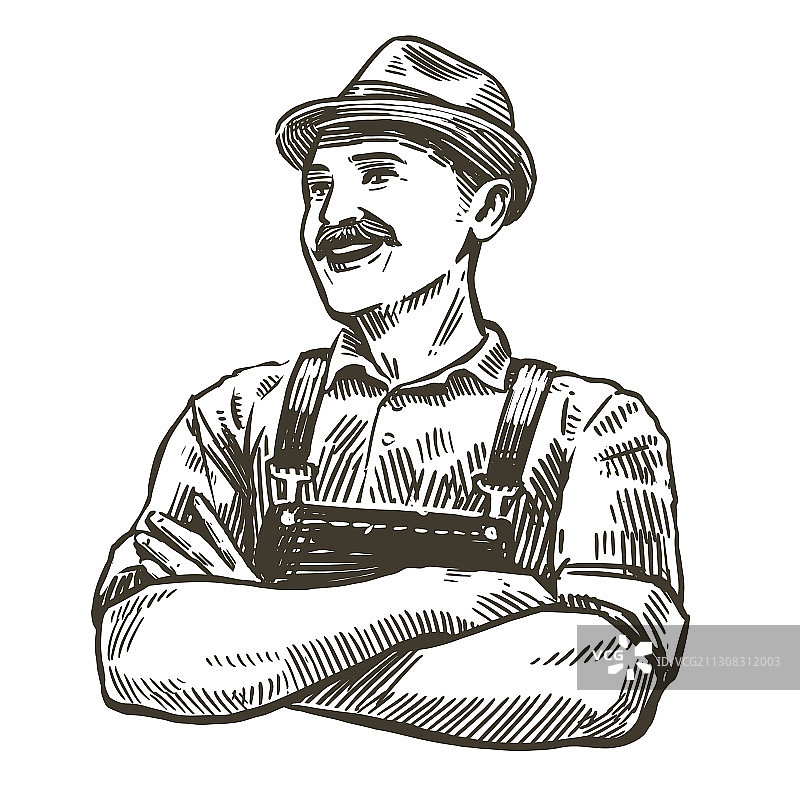 手绘快乐农民务农素描图片素材