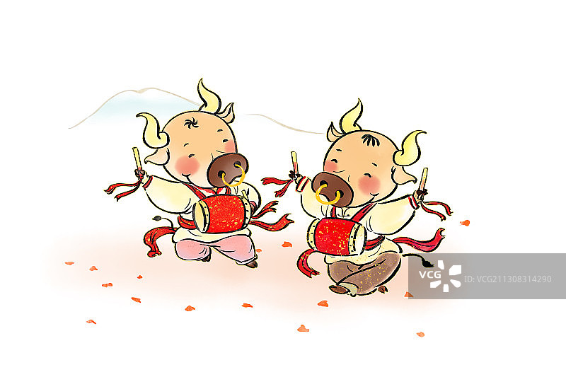 腰鼓民俗牛年卡通插画图片素材