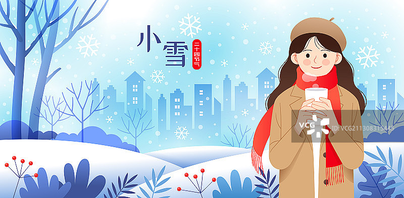 小雪节气一个女孩手捧水杯和户外雪景图片素材