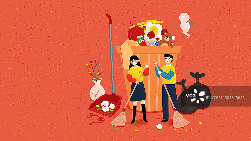 年俗红色背景横版情侣正月初六-送穷鬼图片素材