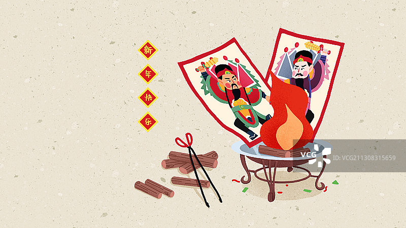 年俗浅色背景横版正月初三-烧门神图片素材