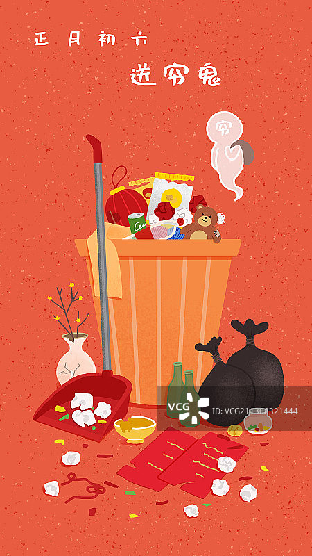 年俗红色背景竖版正月初六-送穷鬼图片素材