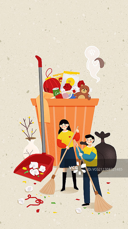 年俗浅色背景竖版情侣正月初六-送穷鬼图片素材