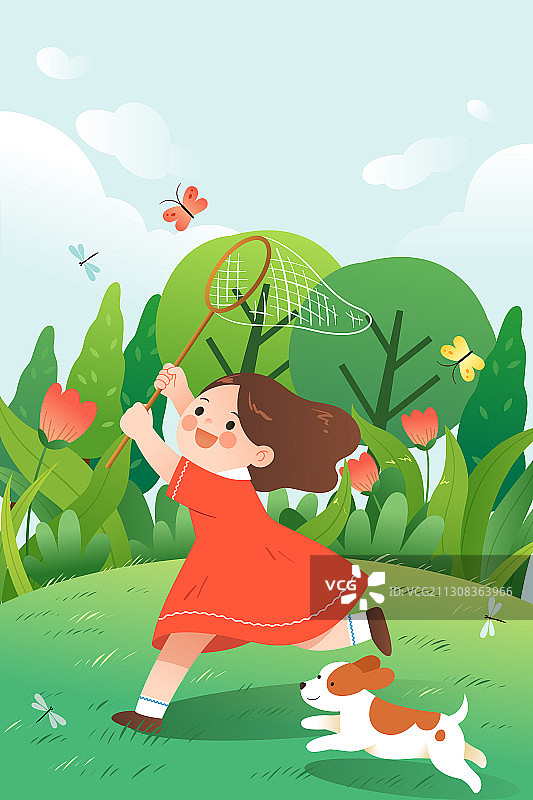 小女孩和小狗在野外捉蝴蝶图片素材