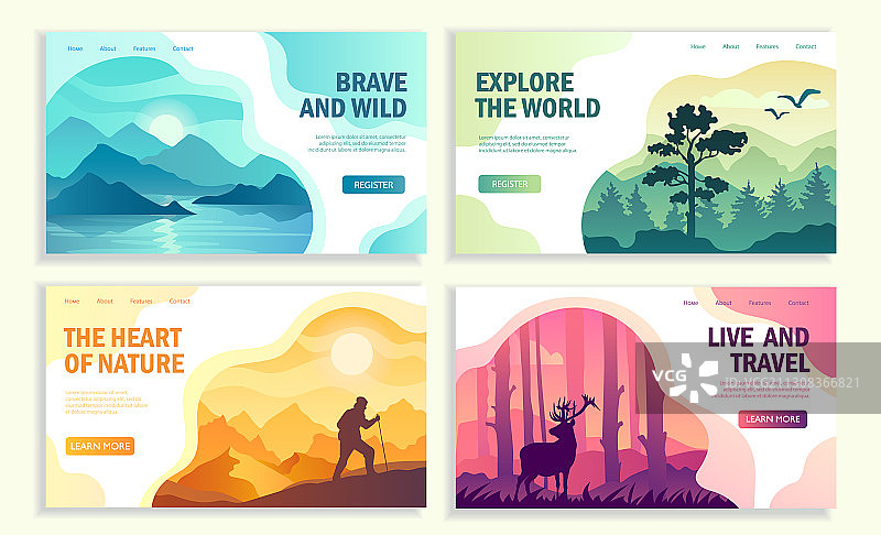 四款不同的旅行宣传单模板，含文本图片素材