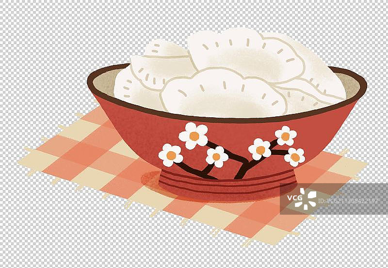 红色格子桌布和一碗水饺扁平风格图片素材