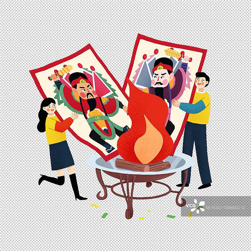 年俗情侣正月初三烧门神纸扁平风格图片素材