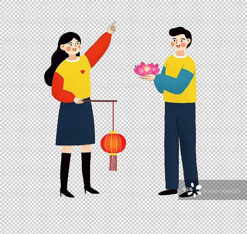 拿着荷花灯和灯笼的情侣扁平风格图片素材