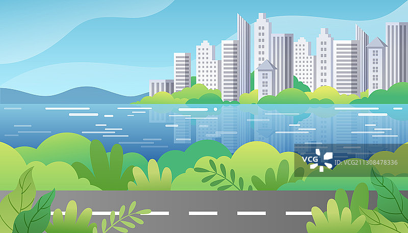 江边城市风景插画图片素材