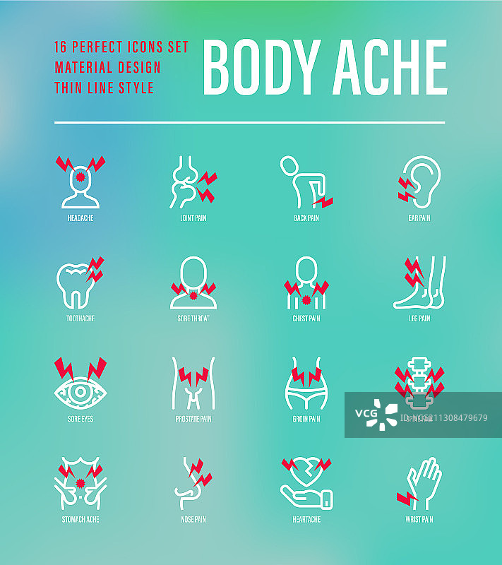 身体疼痛细线图标集图片素材