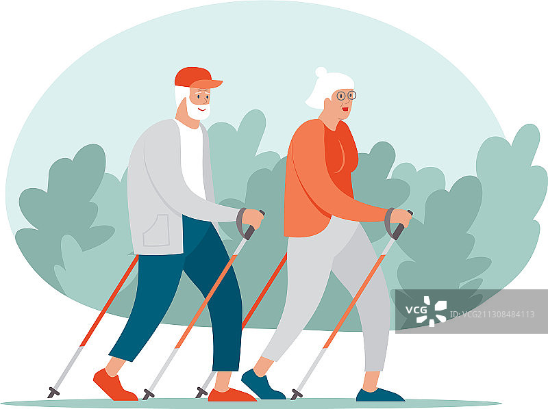 老年夫妇进行北欧式健走训练图片素材