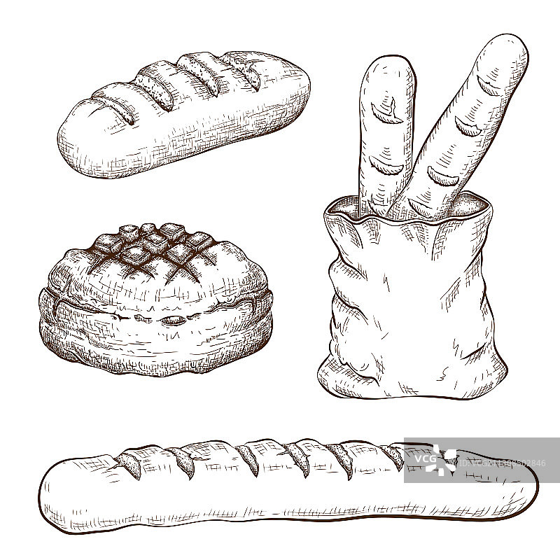 手绘面包组合（白色背景，已分离）图片素材
