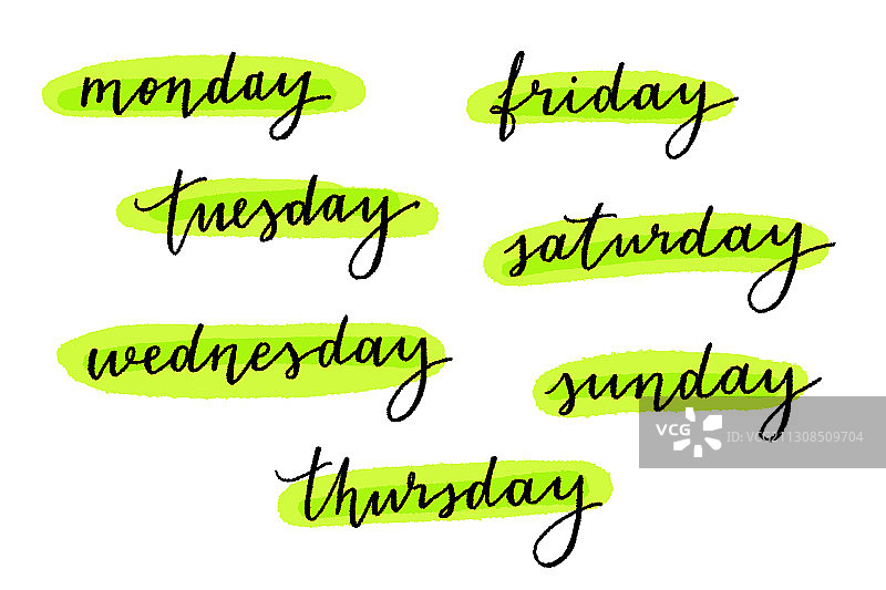 白色背景上的手写工作日名称图片素材