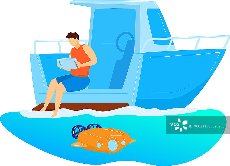 男人坐在游艇上遥控水下设备图片素材