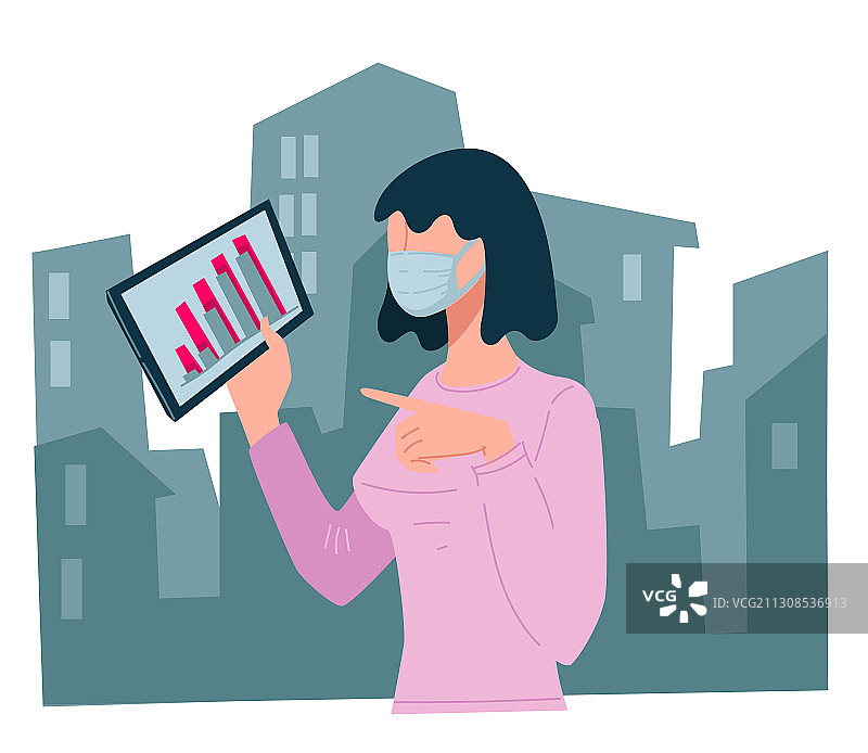 戴口罩的女性角色在平板上显示信息图片素材