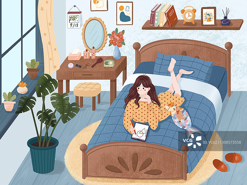 在床上画画的女孩横版图片素材
