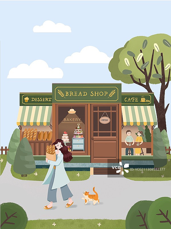 买面包的女孩竖版图片素材