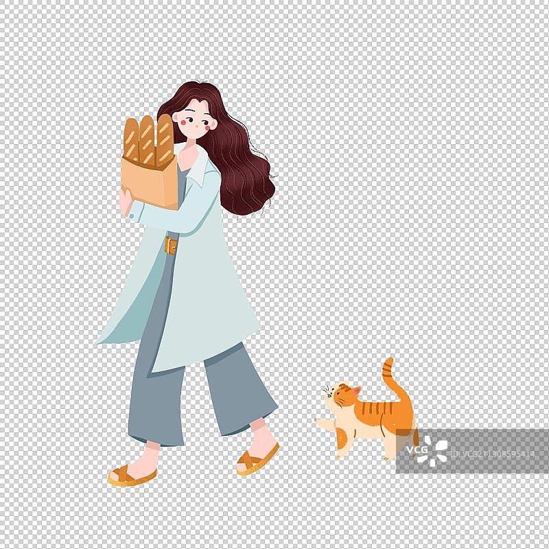 女孩与猫买面包图片素材