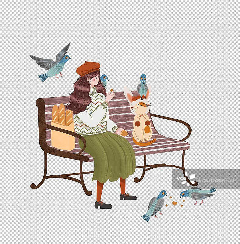 女孩与猫喂鸽子图片素材