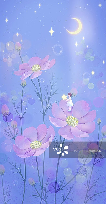 月光下的波斯菊和小精灵 唯美图片素材