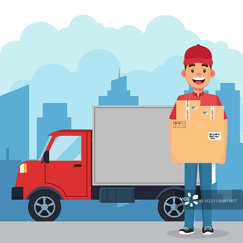 快递员驾车在城市中运送包裹图片素材