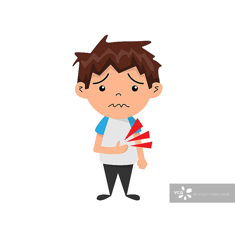 感到痛苦的男孩捂着肚子，食物中毒图片素材