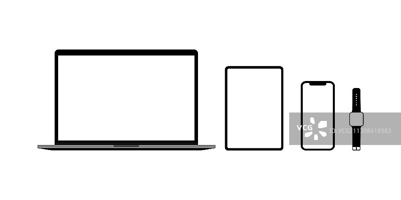 笔记本电脑、平板电脑、智能手机和智能手表套装图片素材