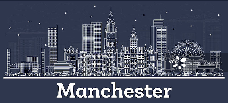 带有白色建筑的英国曼彻斯特城市天际线轮廓图片素材