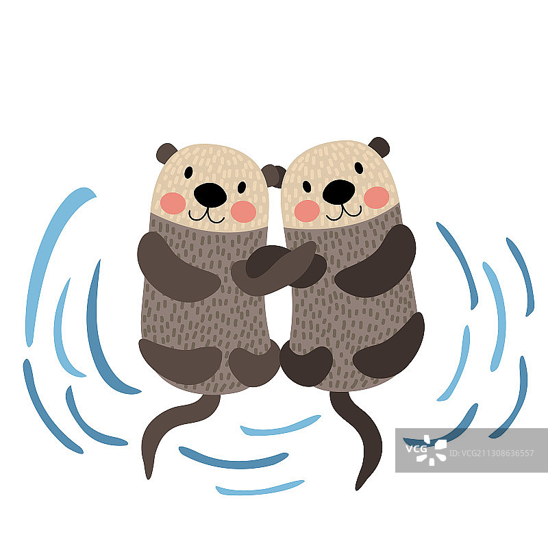 卡通情侣水獭手牵手图片素材