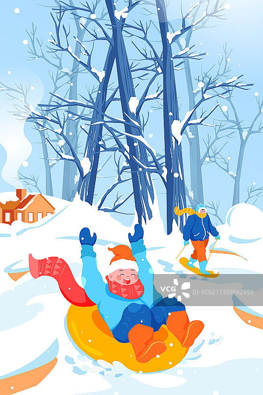 卡通冬季儿童堆雪人滑雪雪山大雪小寒大寒情侣出游交通矢量插画图片素材
