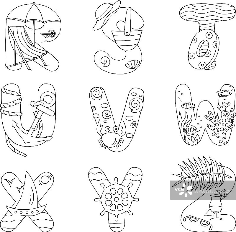 海洋主题涂鸦字母R到Z图片素材