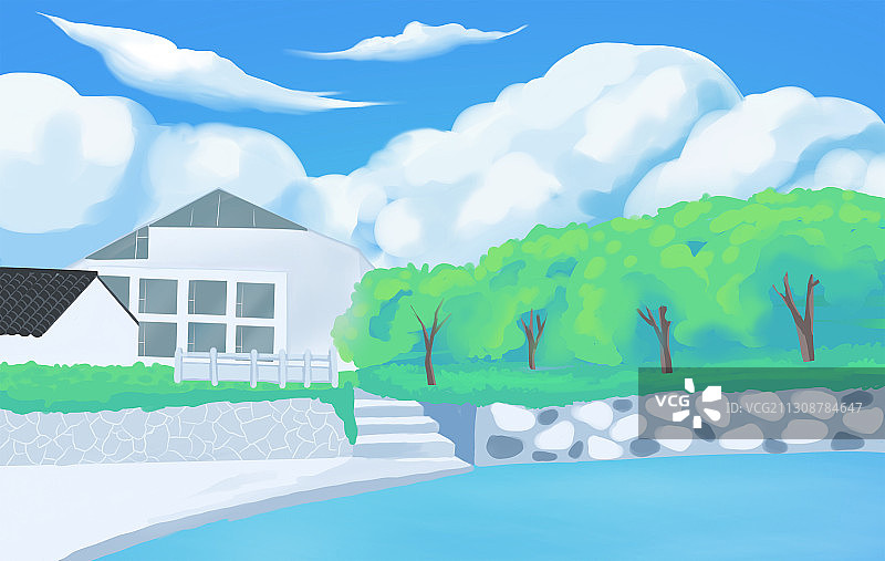 蓝天白云的下的湖边图片素材