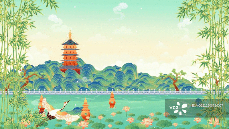 杭州西湖美丽的风景矢量插画图片素材
