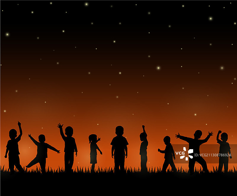 夜景背景下的儿童剪影图片素材